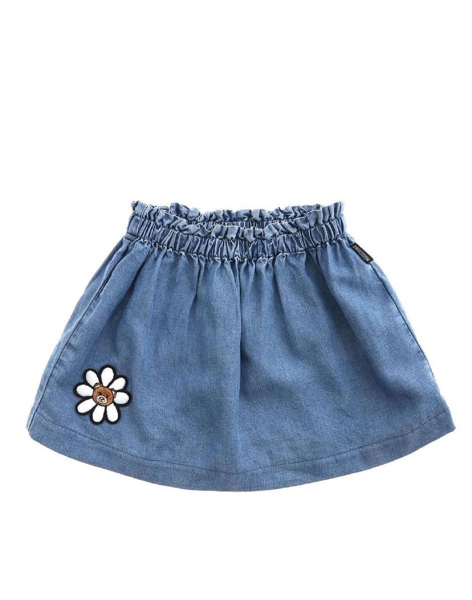 Moschino Gonna Corta In Jeans Denim Blu Con Fiore E Teddy Bear Ricamato