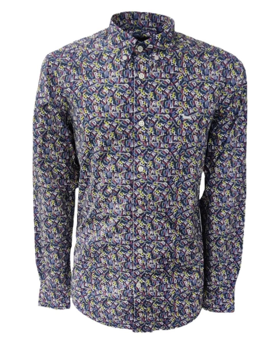 Harmont&blaine Camicia Regular  Fit In Cotone A Manica Lunga Blu Navy Con Logo Lettering Multicolore All Over-Blu