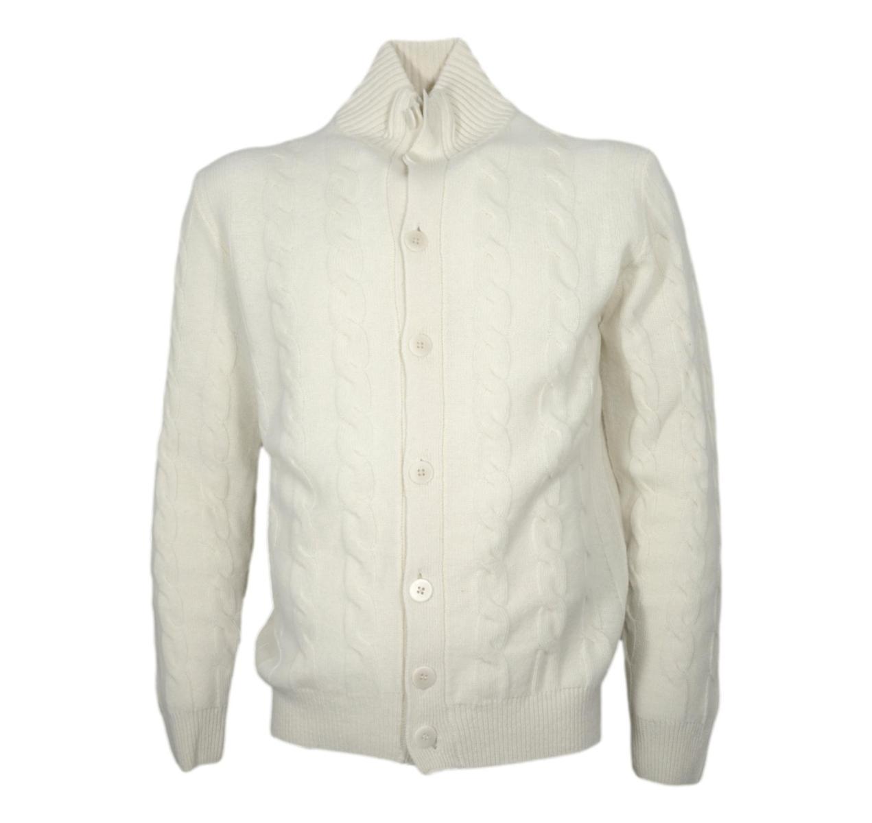 CASHMERE COMPANY Cardigan Uomo Lavorato a Treccia Slim Fit Colore 114 Bianco