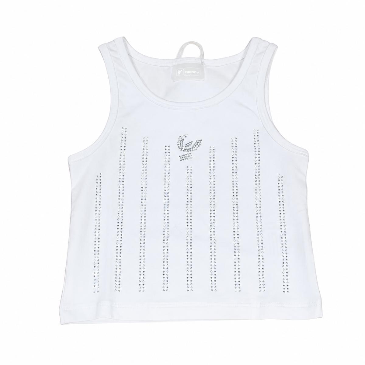 FREDDY - Canotta Slim Con Righe In Strass Da Bambina E Ragazza, 95% Cotone 5% Elastan-Bianco