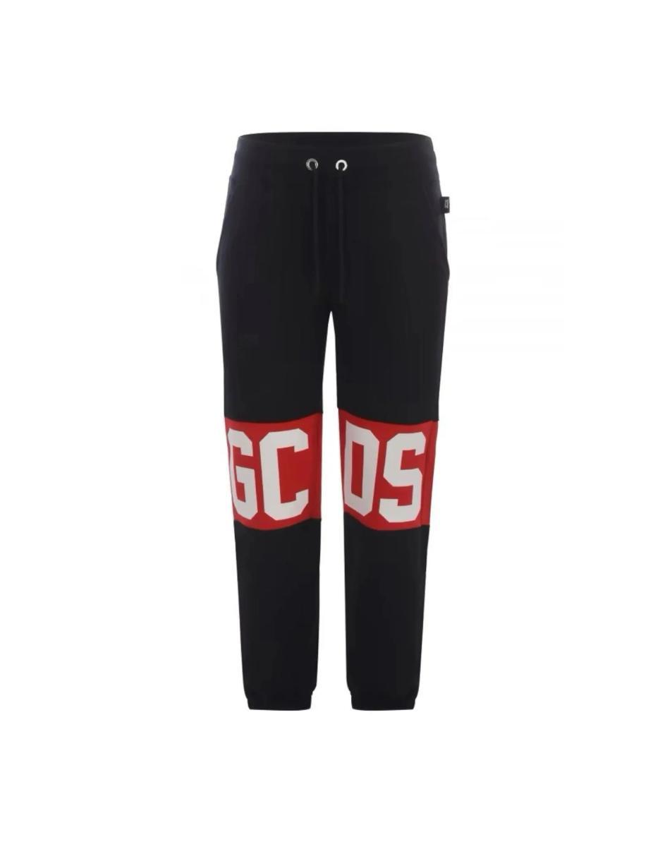 Gcds Pantalone Jogger Regular In Cotone Black Unisex Con Banda Logo Serigrafata A Contrasto