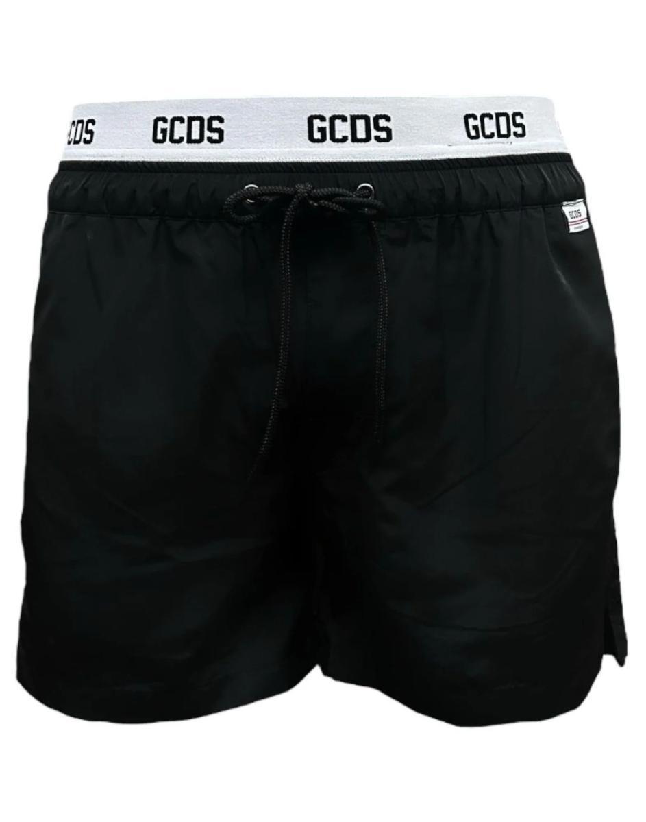 Gcds Essentials Boxer Da Mare Black Con Elastico White In Vita Con Logo Lettering Black-Nero