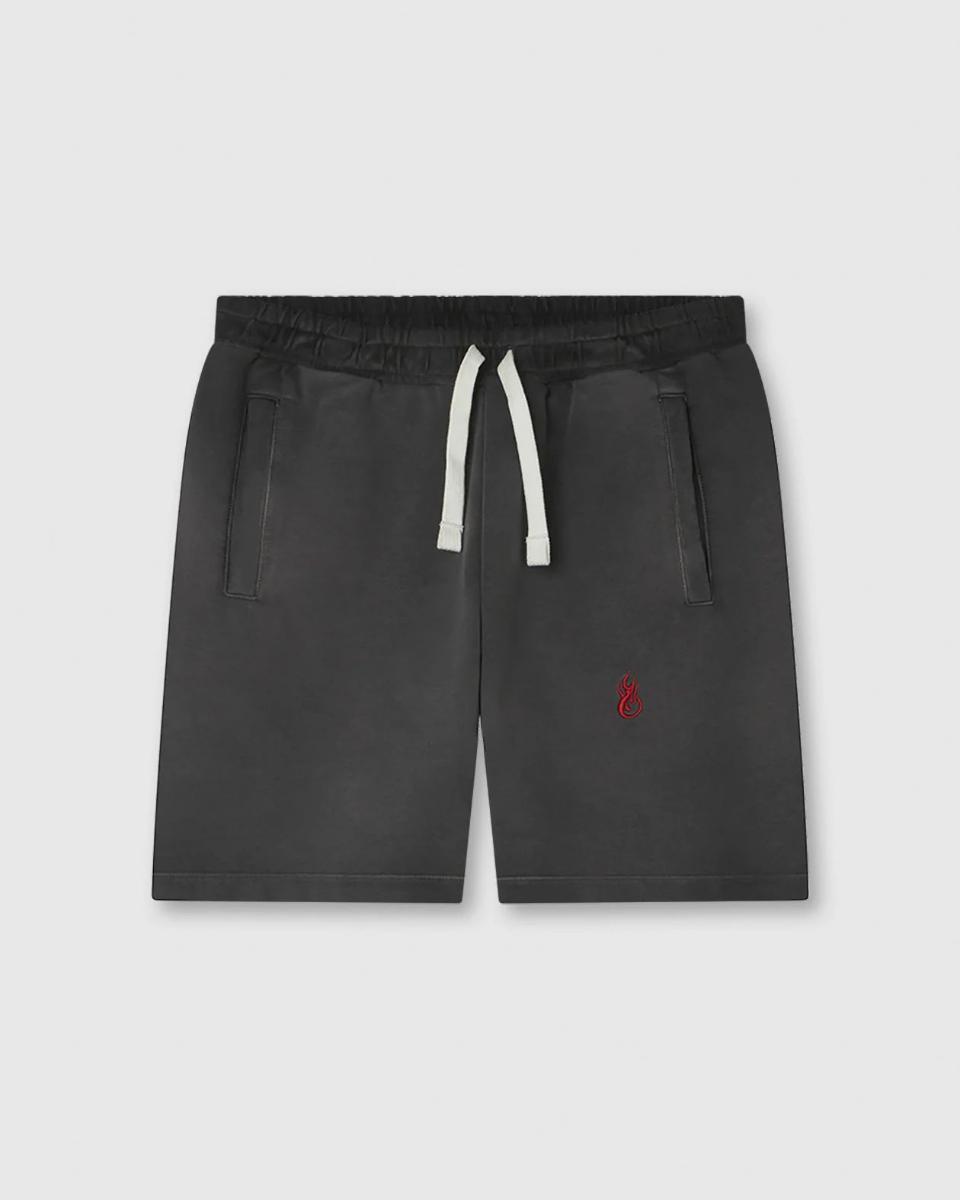 COLD WASH SHORTS WITH RED EMBROIDERED FLAMEAND PRINTED LOGO