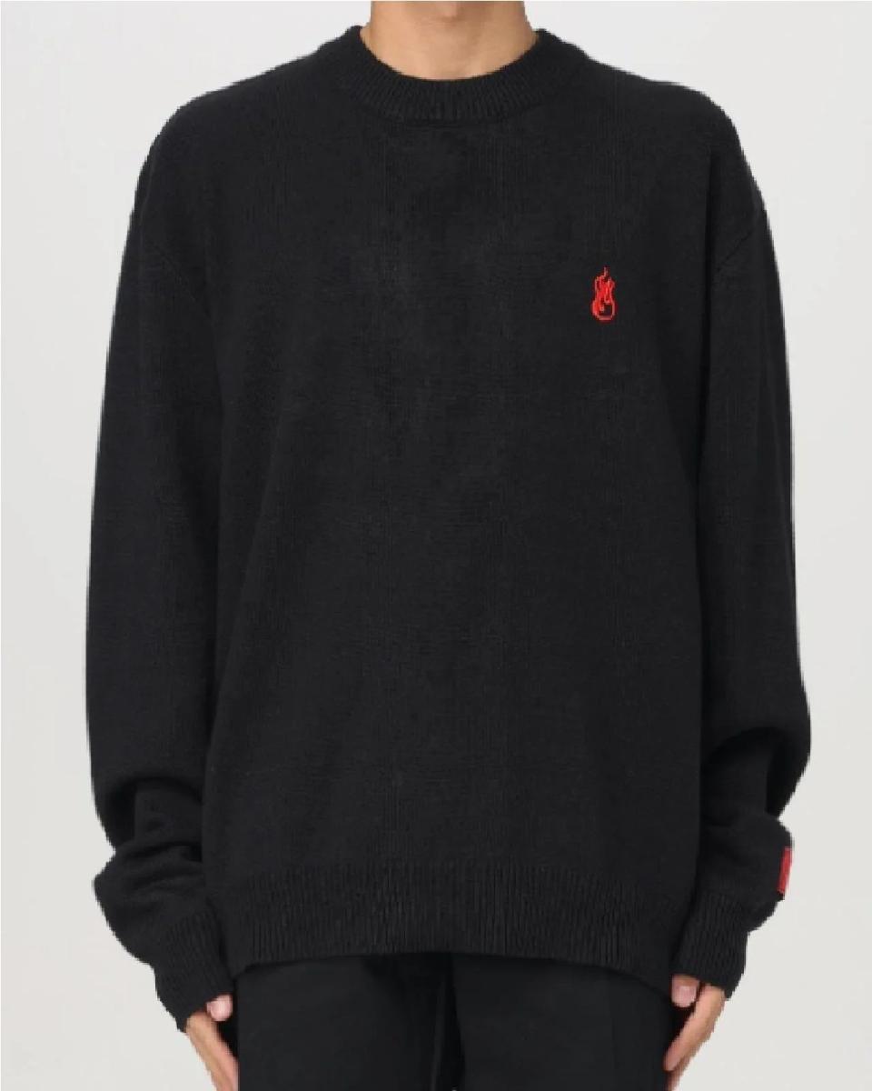 BLACK SWEATER WITH RED FLAME AND PRINTED LOGO-Nero