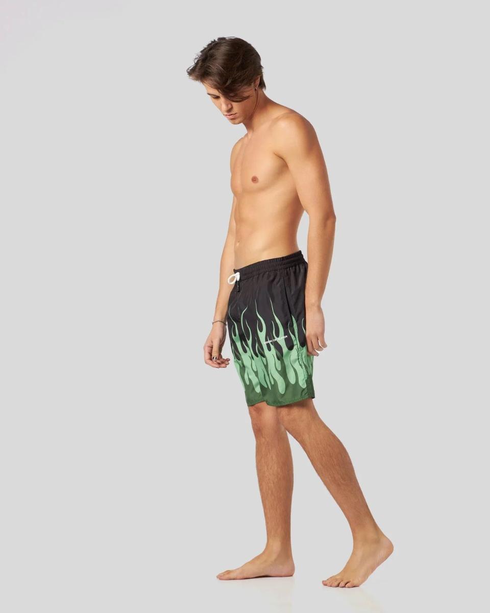 BLACK SWIMWEAR WITH DOUBLE GREEN FLAMES AND WHITE LOGO