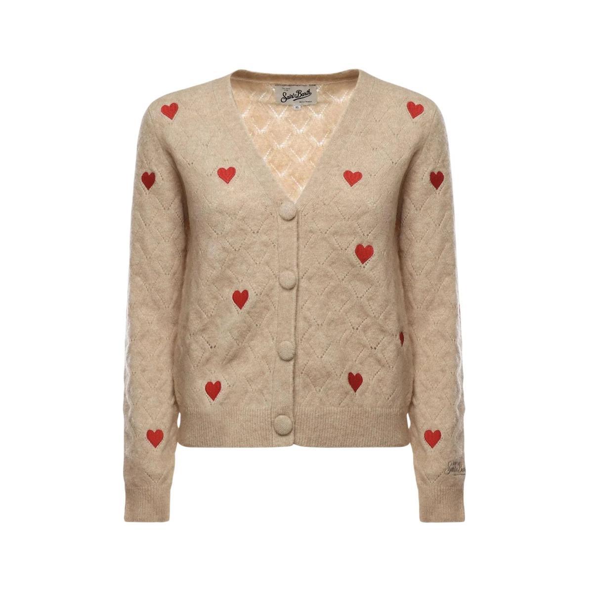 Cardigan Donna Beige con ricami cuori rossi