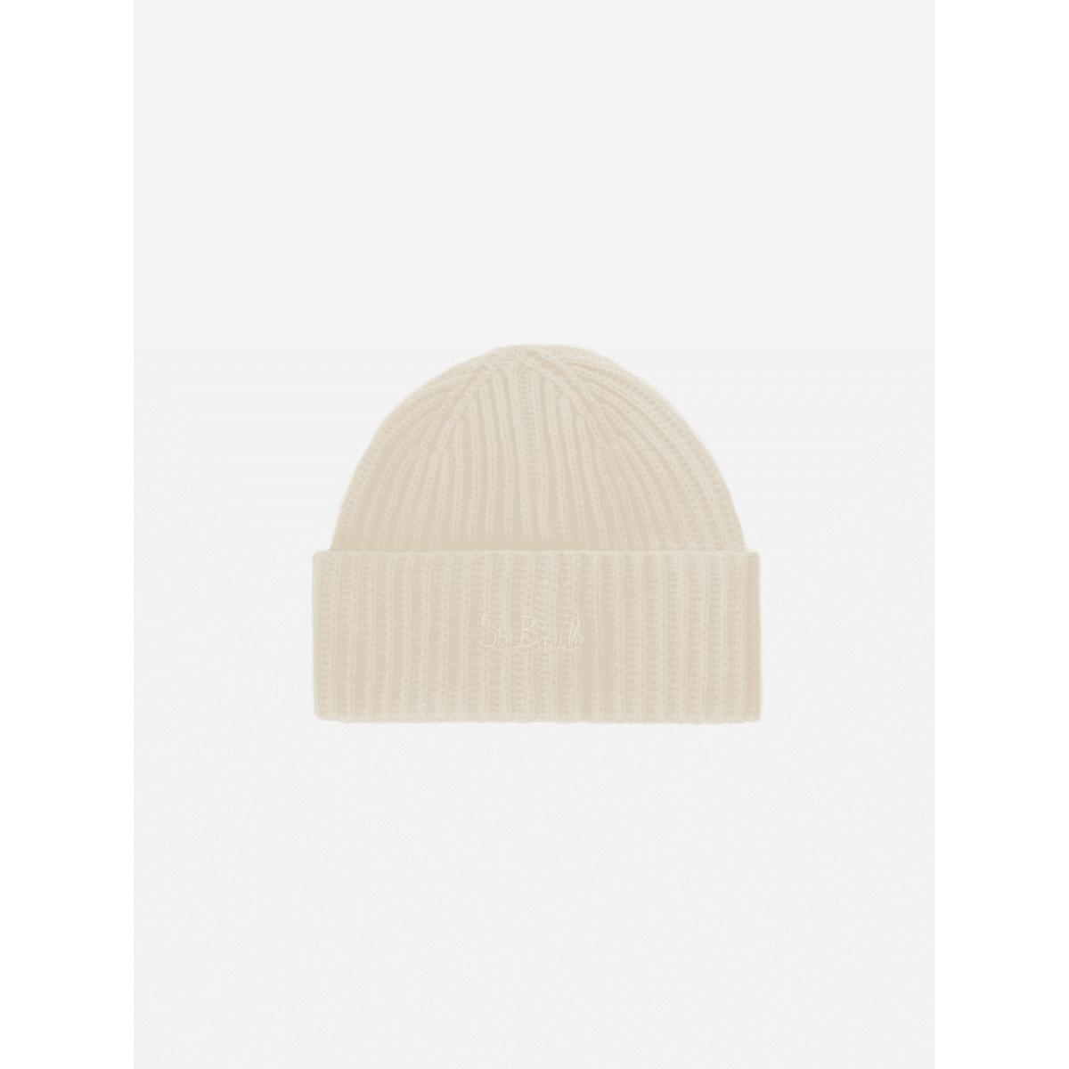 Berretto Moss Jr in maglia bianca a coste con ricamo St. Barth