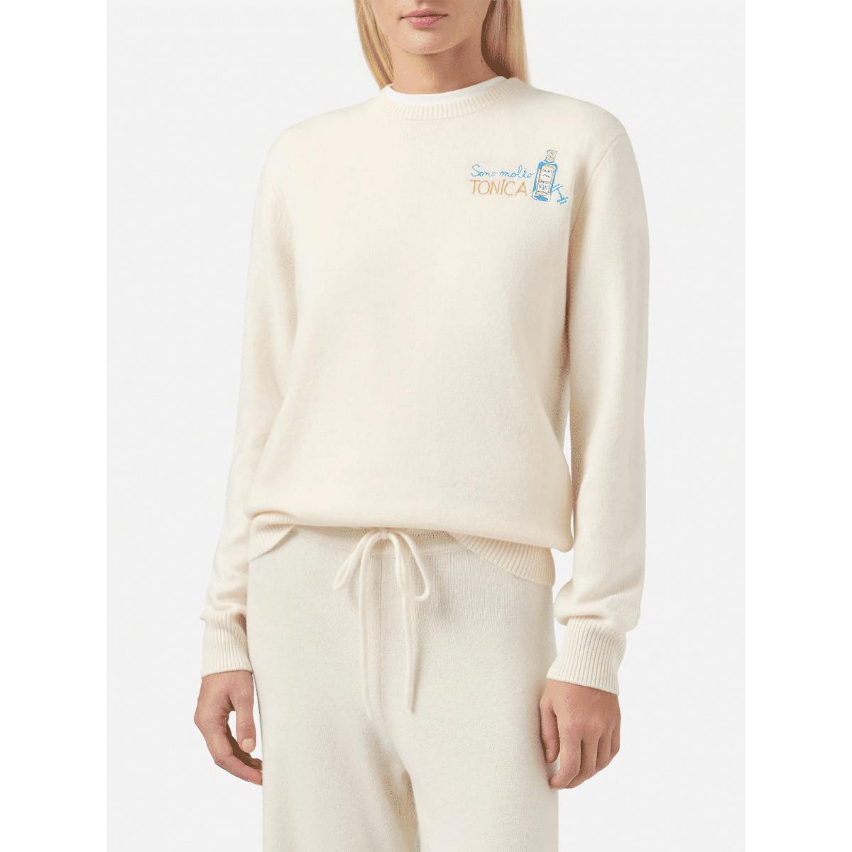 Maglione New Queen in misto cashmere bianco con ricamo Sono molto tonica-Molto