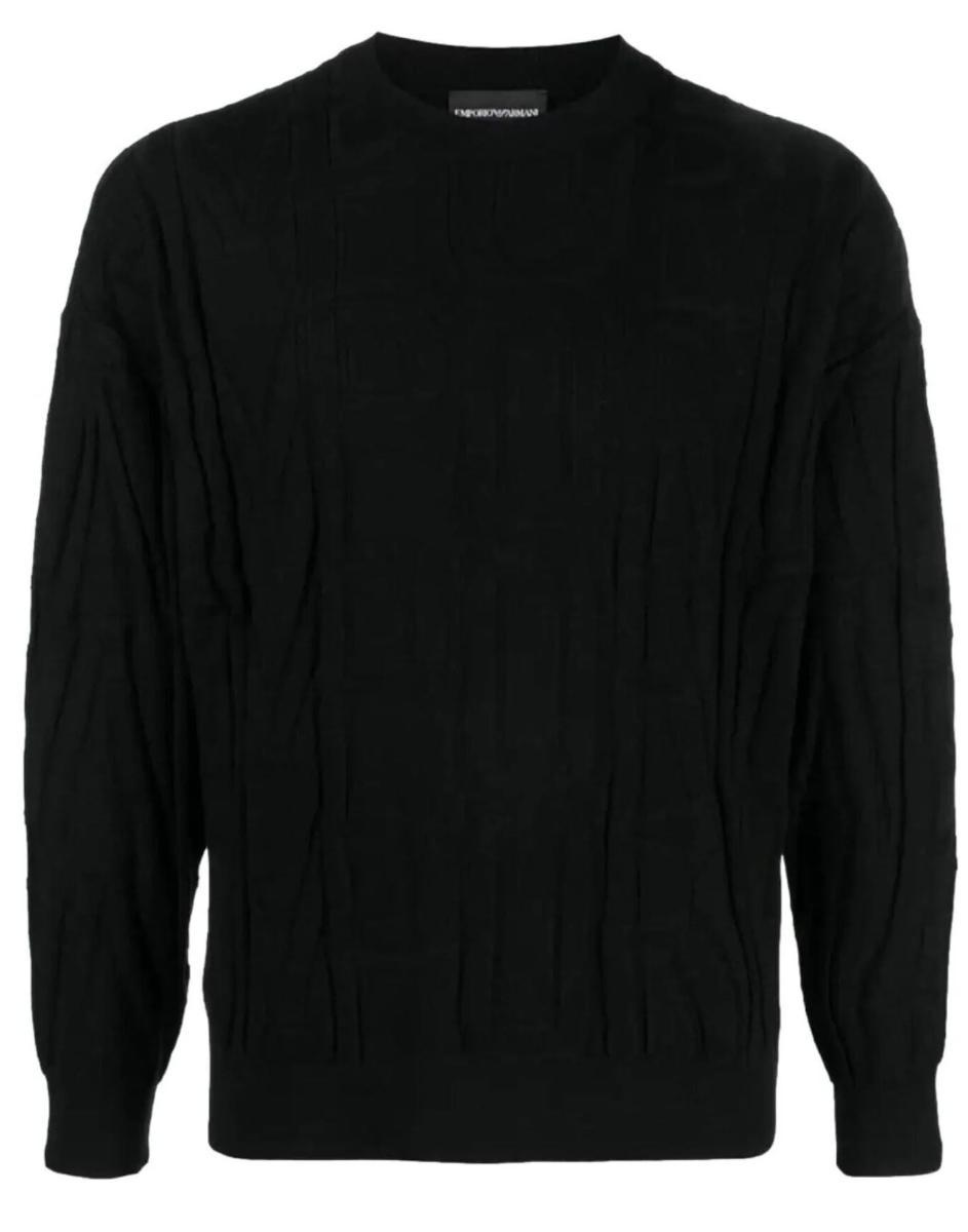 Emporio Armani Pullover Uomo a Maniche Lunghe, Tessuto 100% Lana Vergine, Colletto a Girocollo, Maxi Logo intarsiato, con Collo, Polsini e Orlo a Costine, Colore Nero