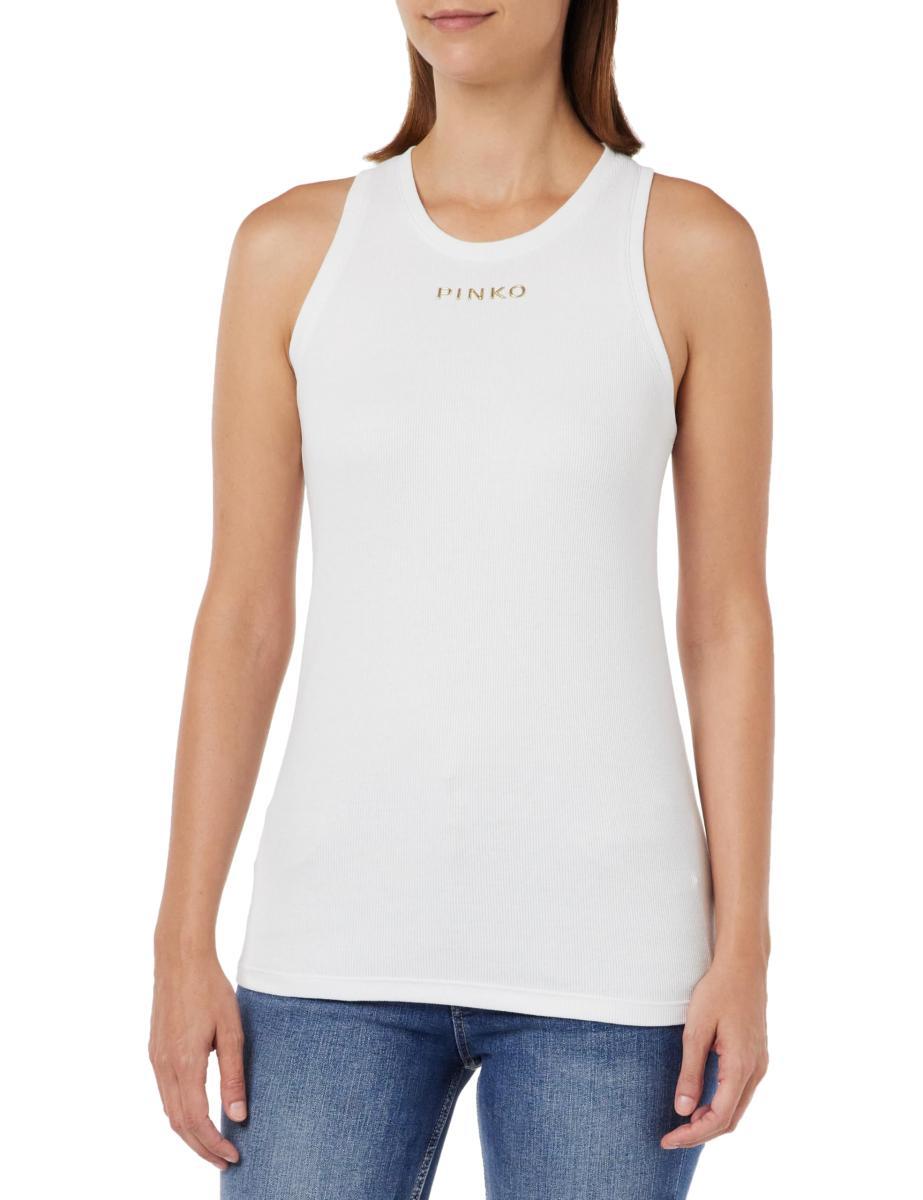 Pinko Distinto Canottiera Costina di Cotone con Logo Donna
