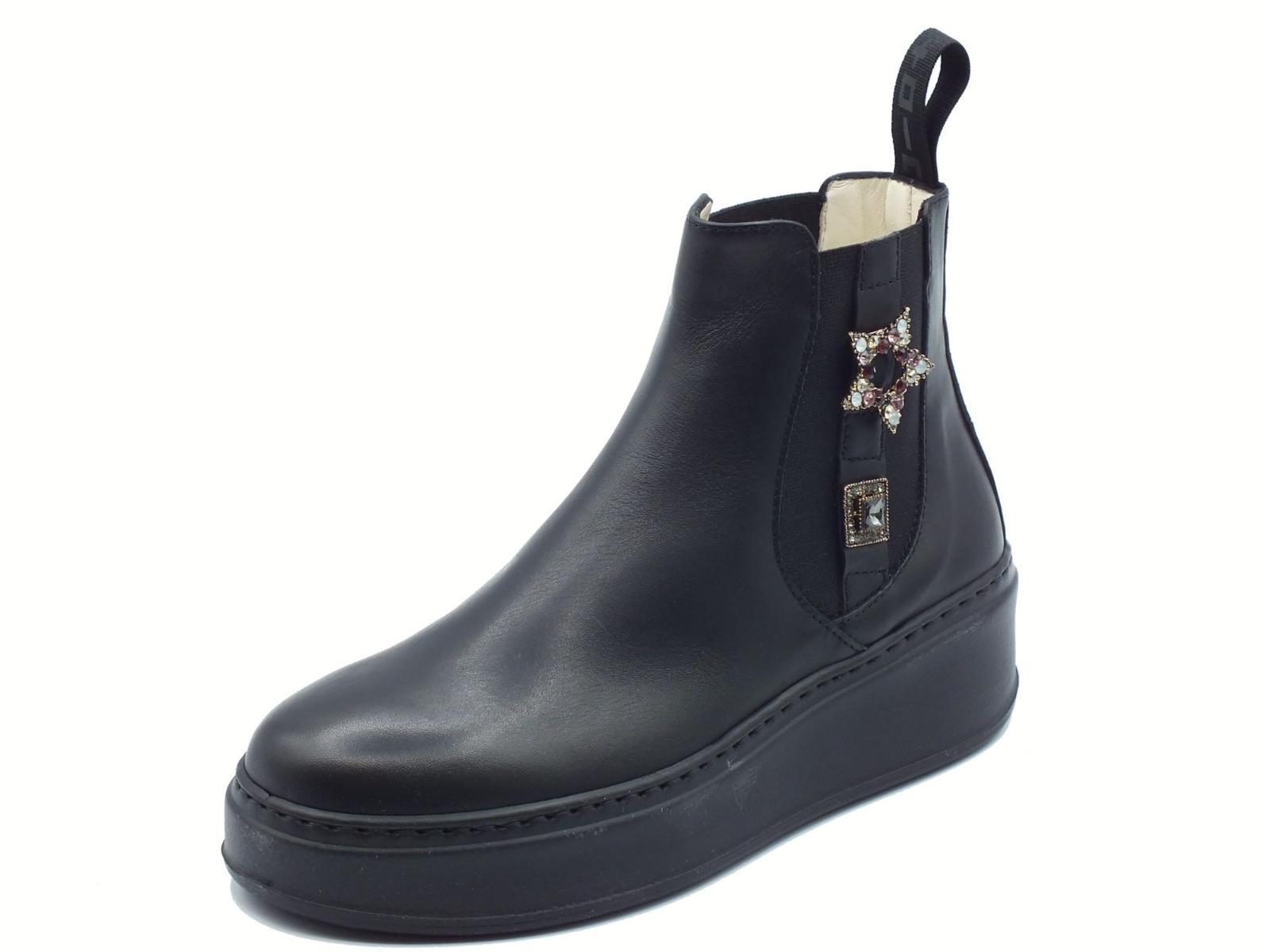 GIO+ PIADA04L Combi Black Tronchetti per Donna in Pelle con Applicazioni Zeppa Media