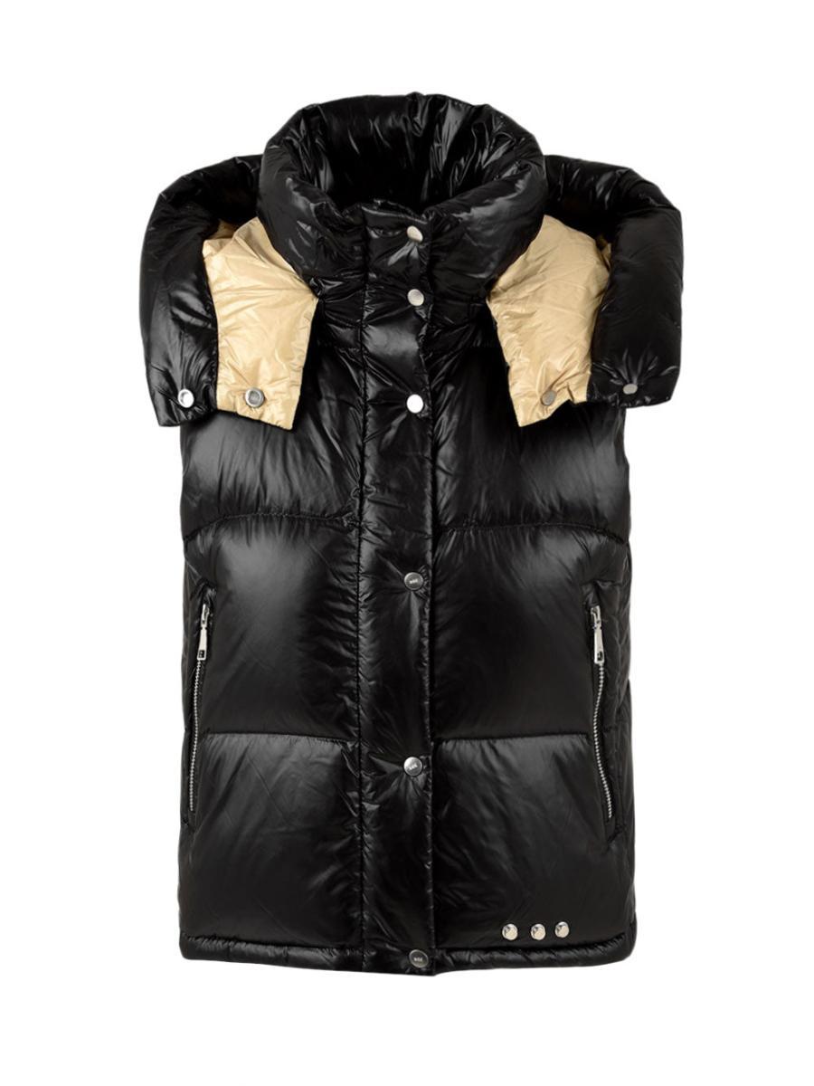Gilet donna imbottito con cappuccio nero e crema