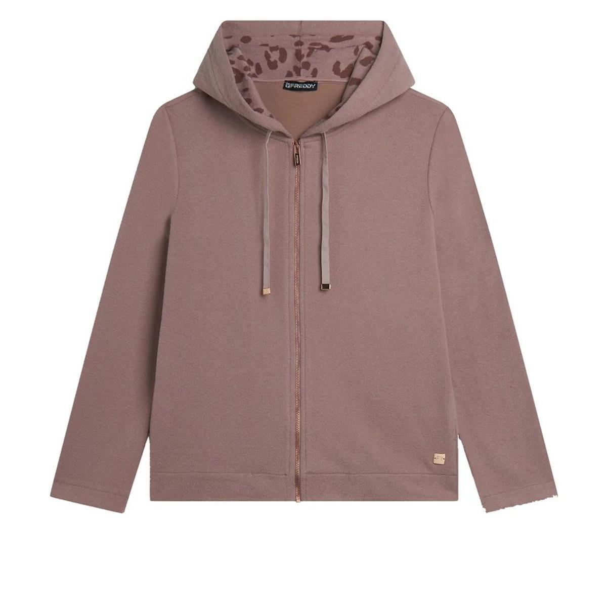 FREDDY - Felpa Donna in Viscosa Tricot con Zip E Cappuccio Animalier,-Rosa