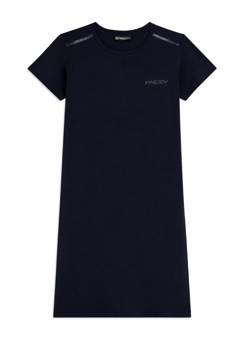 FREDDY - Vestito Regular Fit Lunghezza Media con Logo, 95% Cotone 5% Elastan-Blu