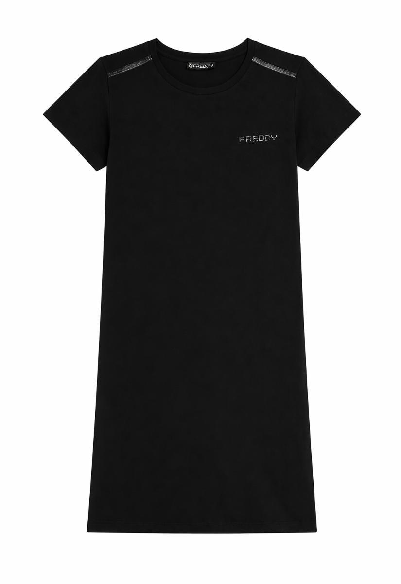 FREDDY - Vestito Regular Fit Lunghezza Media con Logo, 95% Cotone 5% Elastan-Nero