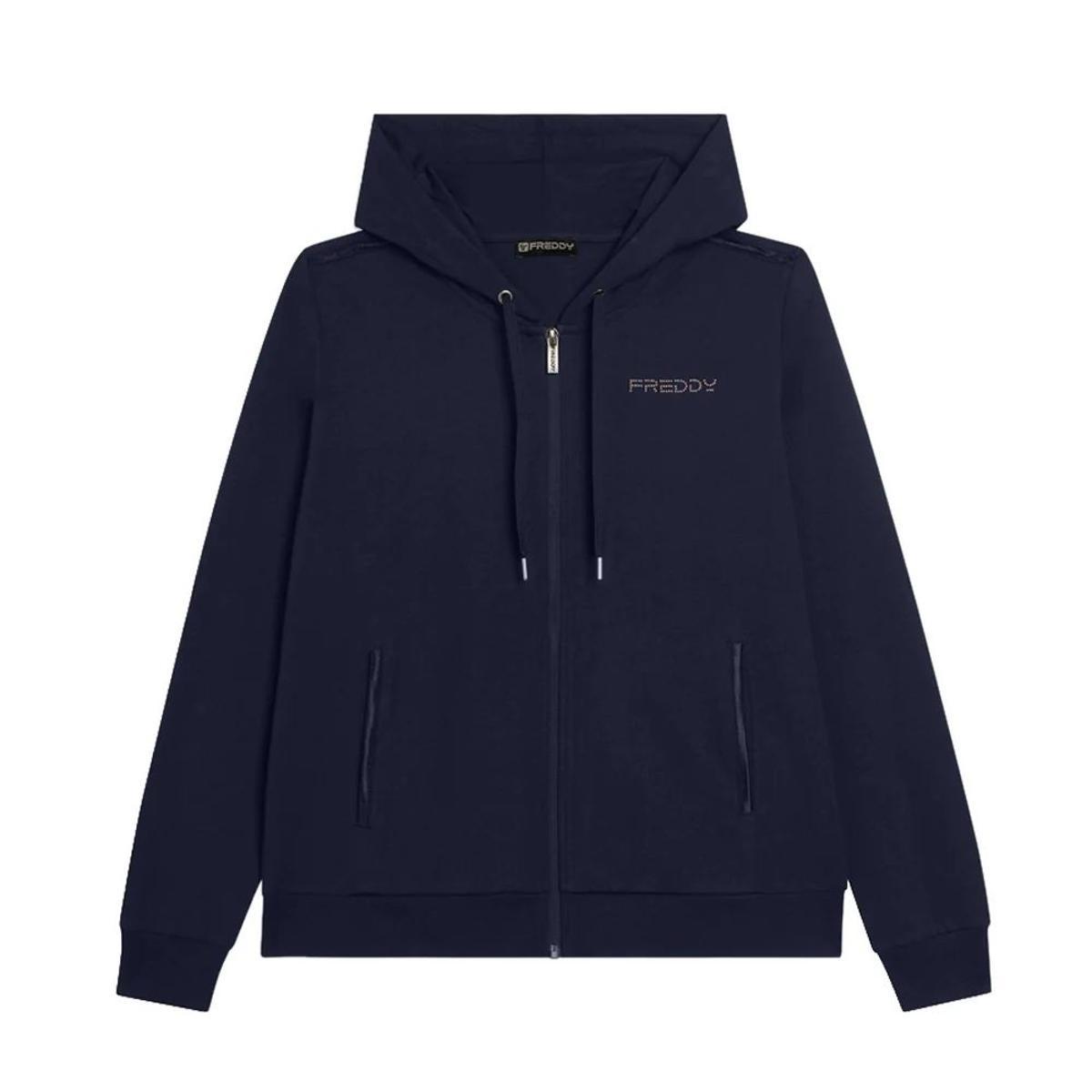 FREDDY - Felpa Cappuccio con Zip E Logo, 92% Cotone 8% Elastan-Blu