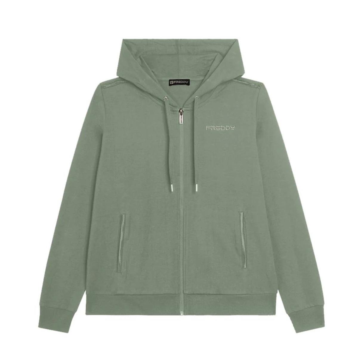 FREDDY - Felpa Cappuccio con Zip E Logo, 92% Cotone 8% Elastan-Verde