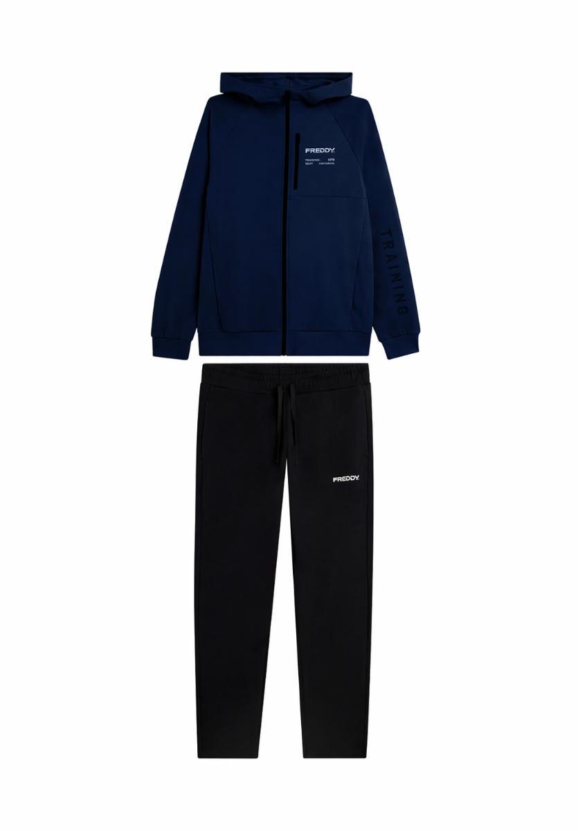 FREDDY - Tuta Uomo In Cotone Interlock Con Cappuccio E Zip, 100% Cotone-Blu