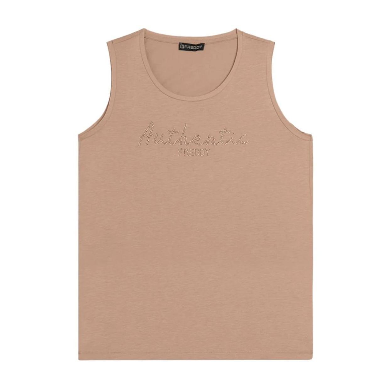 FREDDY - Canotta Authentic con Logo Strass, 50% Cotone 50% Modal-Beige