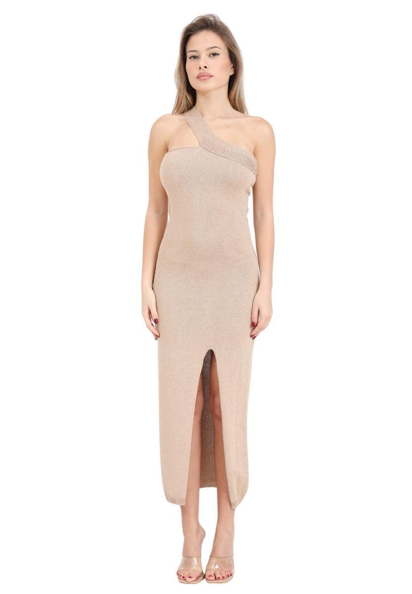 Abito Lungo Monospalla in Lurex VSKD05050 Donna Viscosa Beige