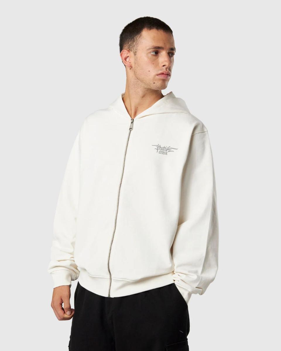 WHITE HOODIE ZIP WITH PHOBIA FOGGY LOGO PRINT AND METAL LABEL-Bianco