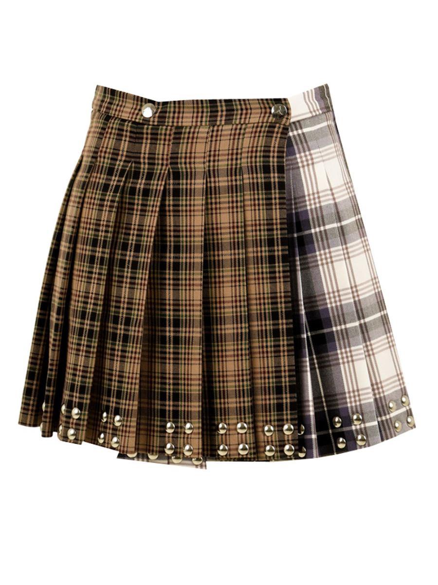 AKEP Gonna Corta in Tessuto Tartan nei Toni del Beige, Nero e Bianco da Donna