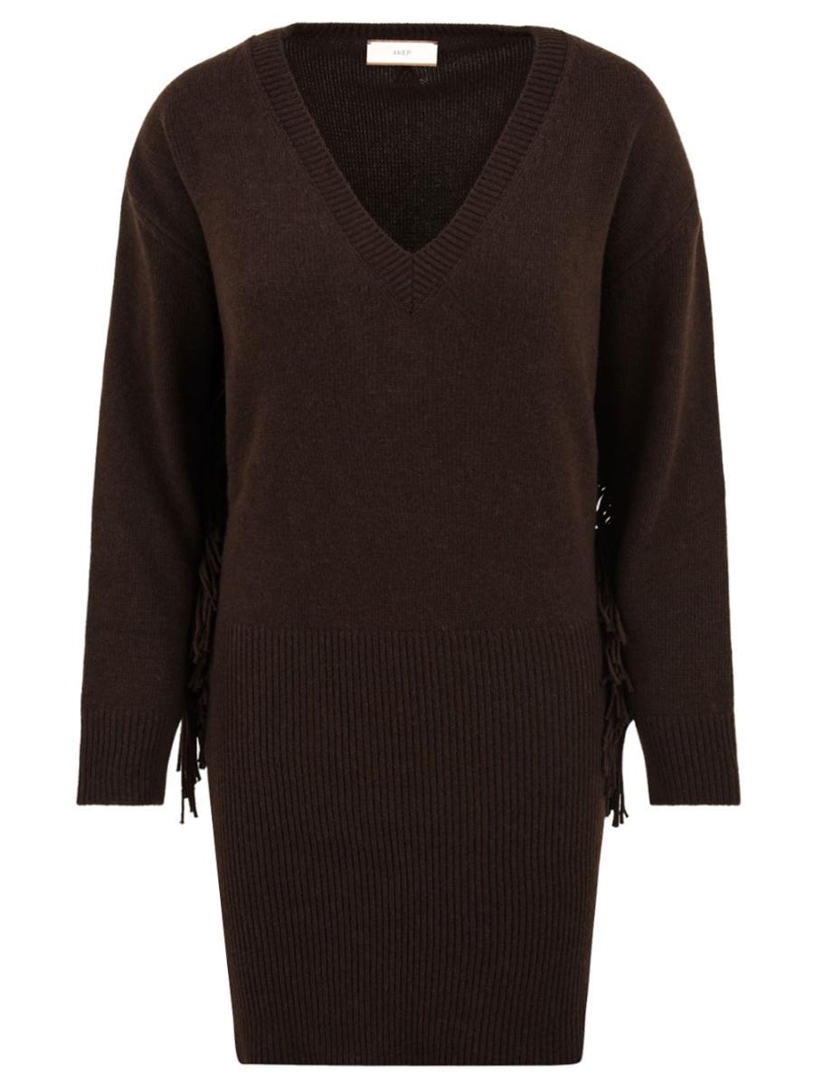 Abito in maglia con scollo a "V" e frange AKEP Donna - Marrone