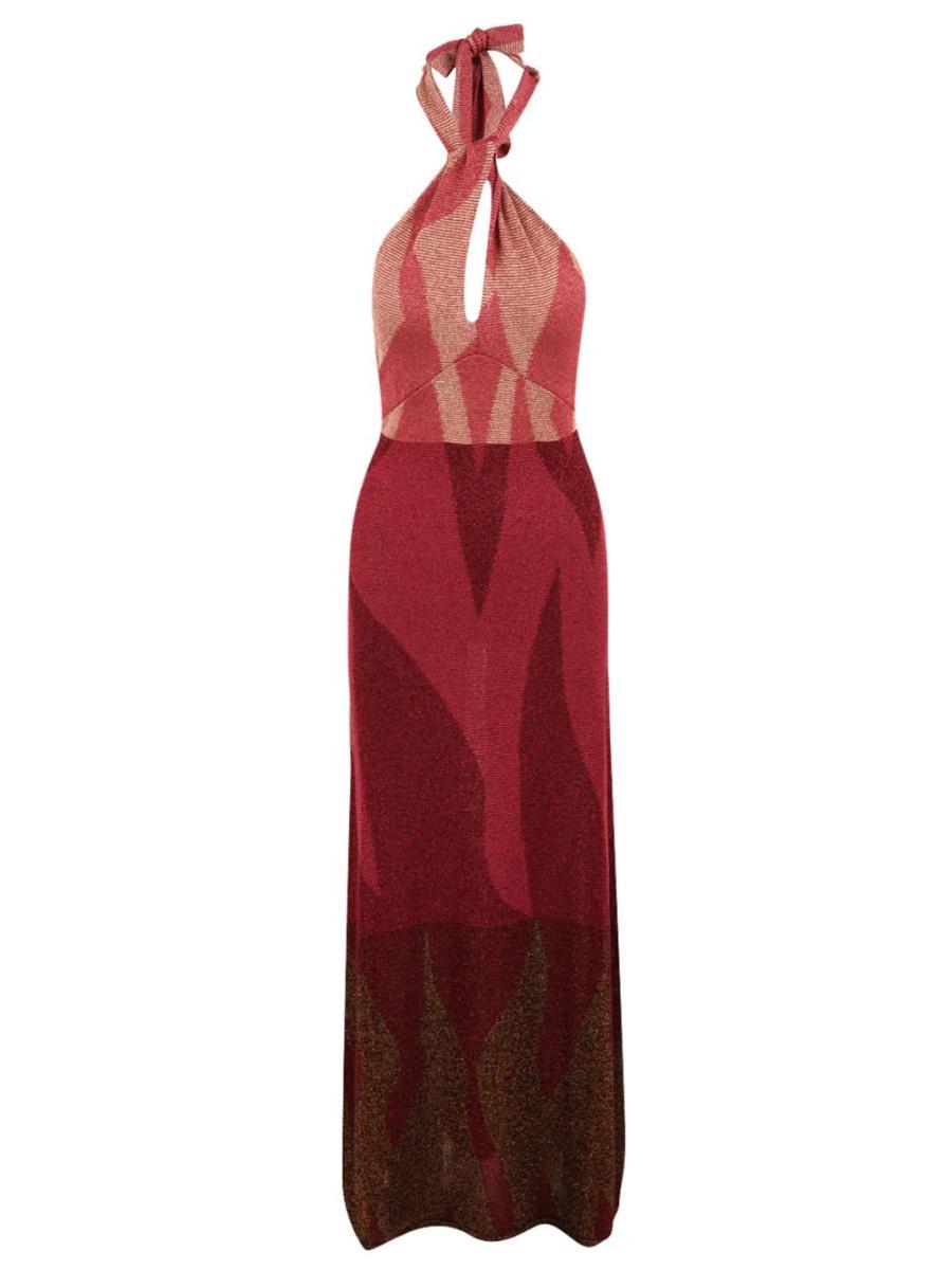 AKEP Abito Lungo Halter Rosso Fragola da Donna con Schiena Scoperta-Multicolore