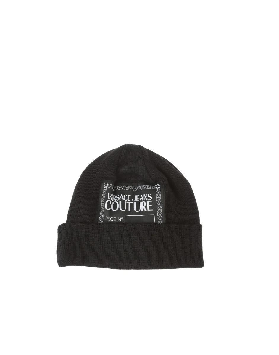 Versace Jeans Couture Cappello Unisex In Misto Lana Black Con Patch In Tessuto Con Logo Lettering White