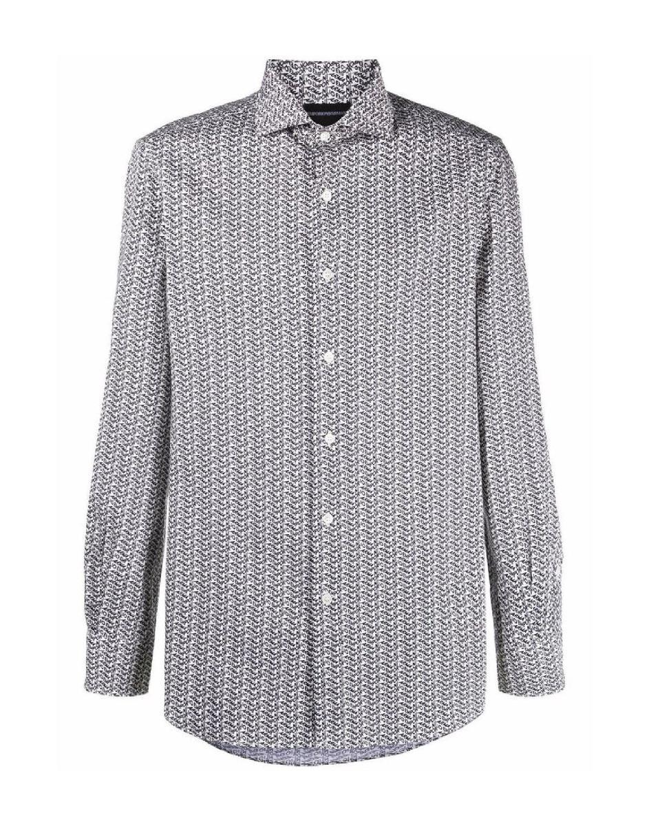 Emporio Armani Camicia Beige Regular Fit Con Stampa Lettering All Over Da Uomo