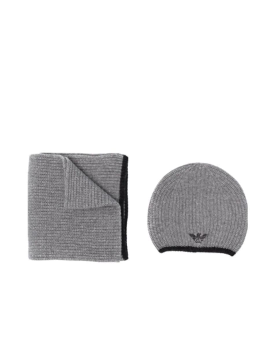 Emporio Armani Set Sciarpa E Berretto Grey In Misto Lana Con Logo Eagle Ricamato Black