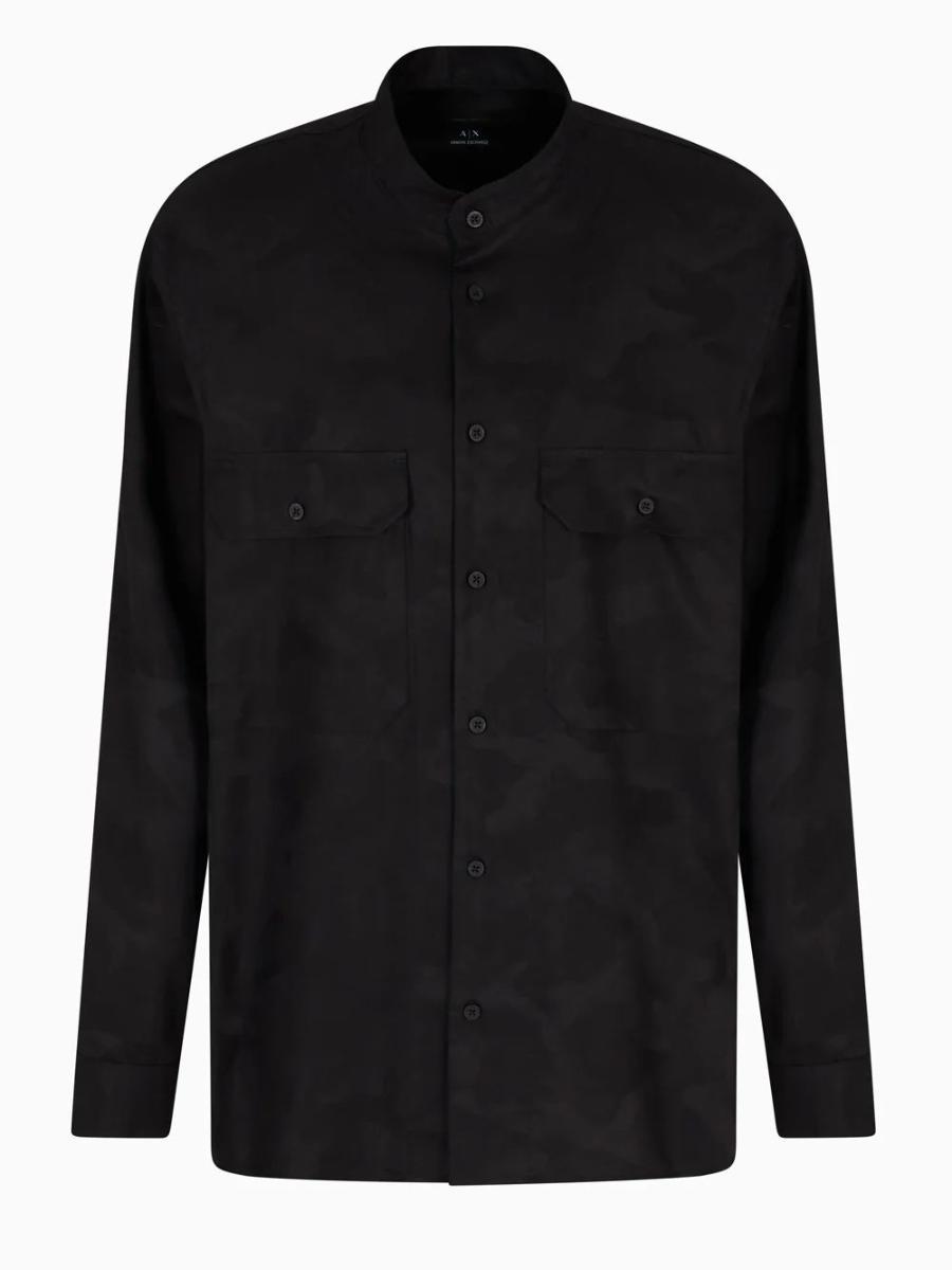 Armani Exchange Long Sleeve Jaquard Shirt with Oversized Fit And Stand Collar Camicia Jaquard a Maniche Lunghe con vestibilità Oversize e Colletto rialzato Uomo-Nero