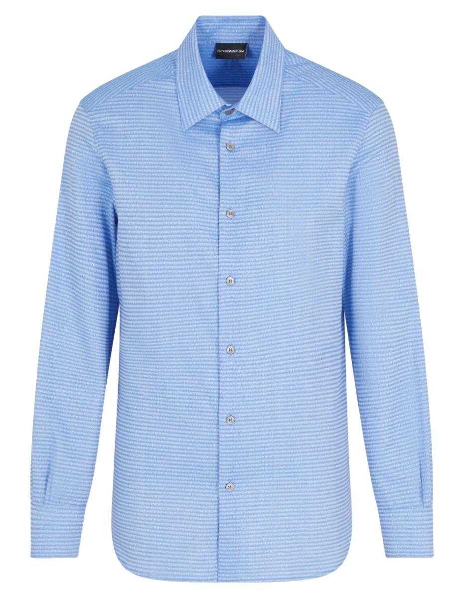 Emporio Armani Camicia In Cotone Azzurra Con Logo Jacquard All Over