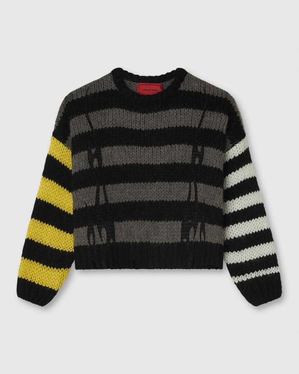 JUMPER WITH IRREGULAR STRIPES BLACK WHITE GRAY AND YELLOW AND PRINTED LOGO FLAMES