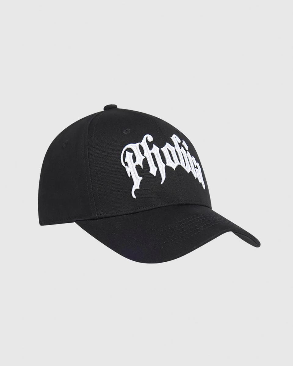 BLACK BASEBALL CAP WITH METAL LABEL AND EMBROIDERED GOTIC LOGO