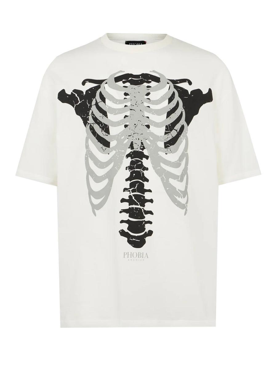 T-shirt bianca con stampa scheletro nera by PHOBIA
