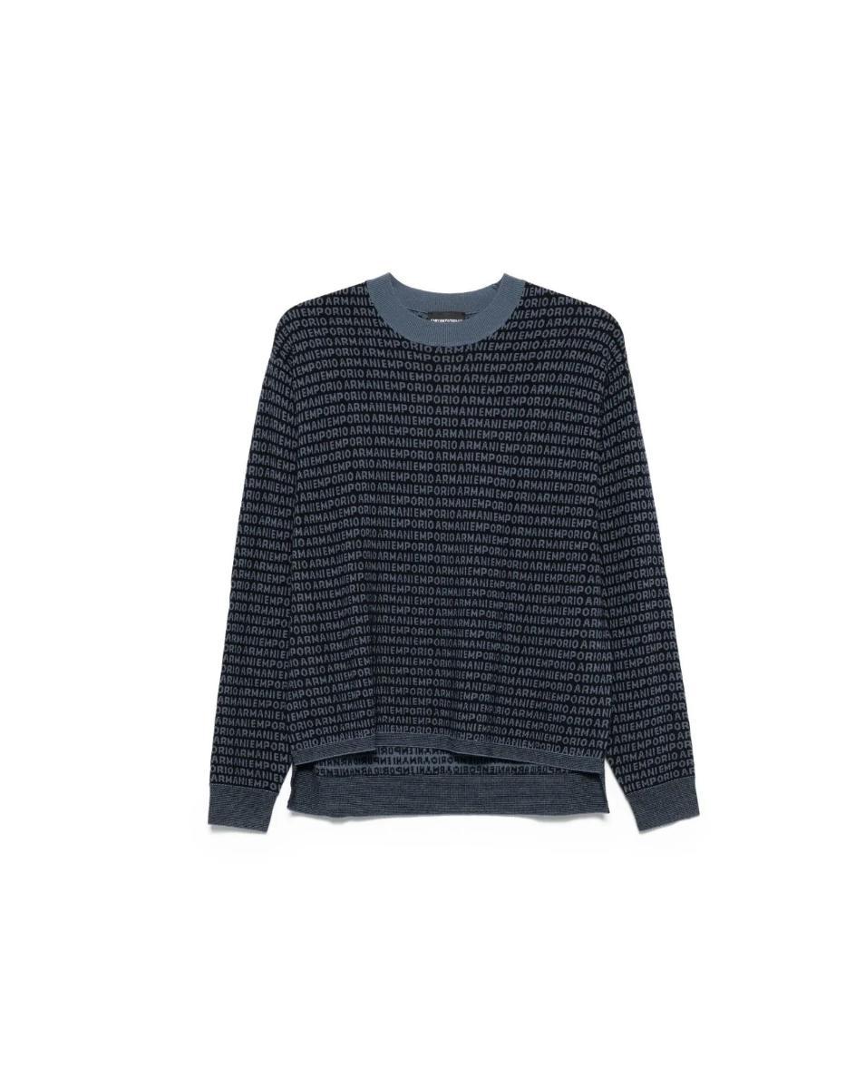 Emporio Armani Maglione In Lana Vergine Jacquard Logo Signatire All Over-Blu