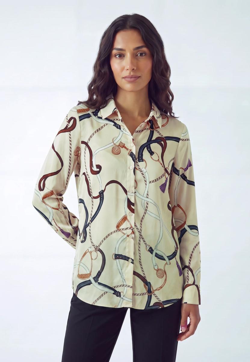 Marella EMME Camicia Donna Lunga Tessuto Twill Fantasia Parole-Beige