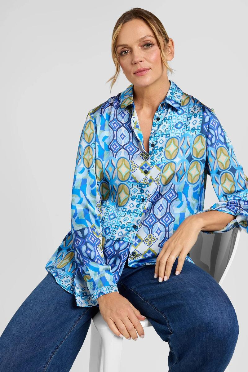 Luisa Viola Camicia Donna Curvy in Raso Stampato Art. 5039F0-30FY-Blu