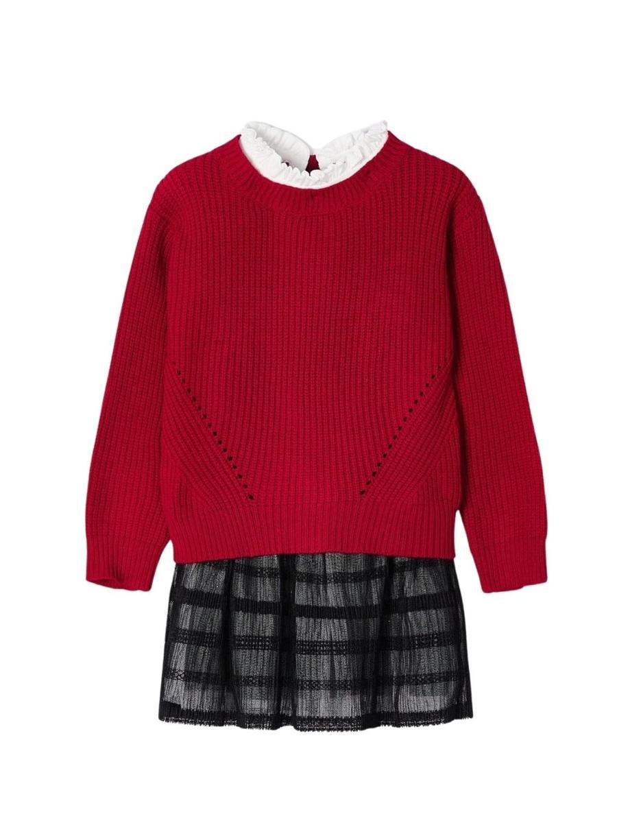 Mayoral Vestito Tricot con Tulle per Bambina Rosso