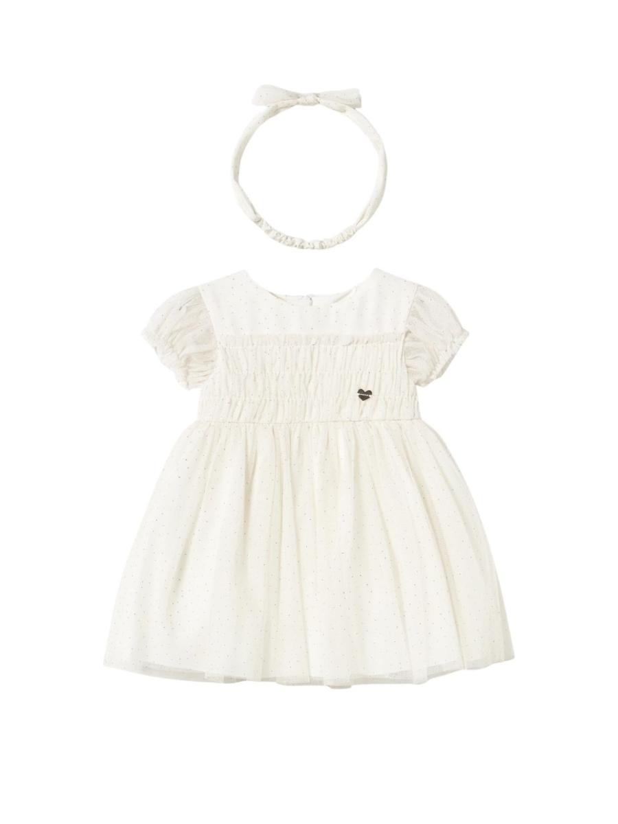 Mayoral Vestito Tulle Cerchietto per Bimba Ecrù