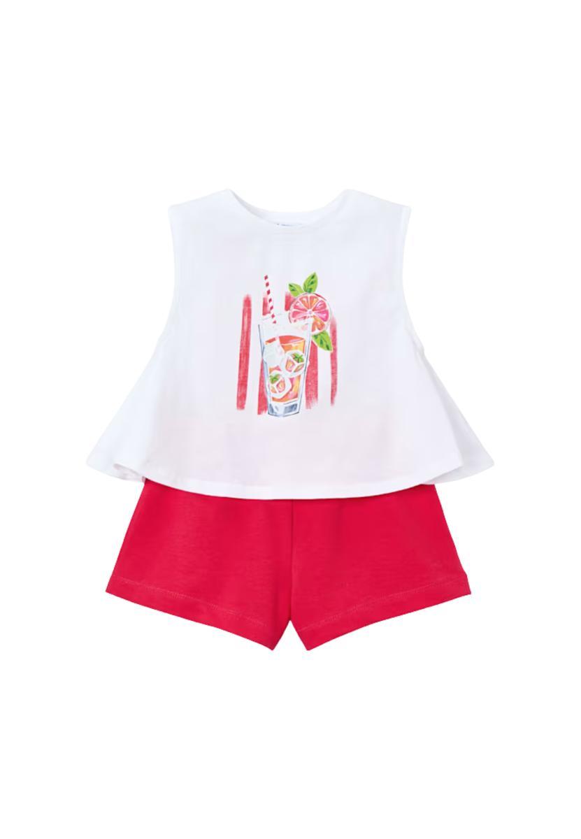 Mayoral Set da bambina estate - Maglietta bianca senza maniche con stampa e pantaloncini - Abbigliamento per bambini comodo e fresco - Cotone-Fucsia
