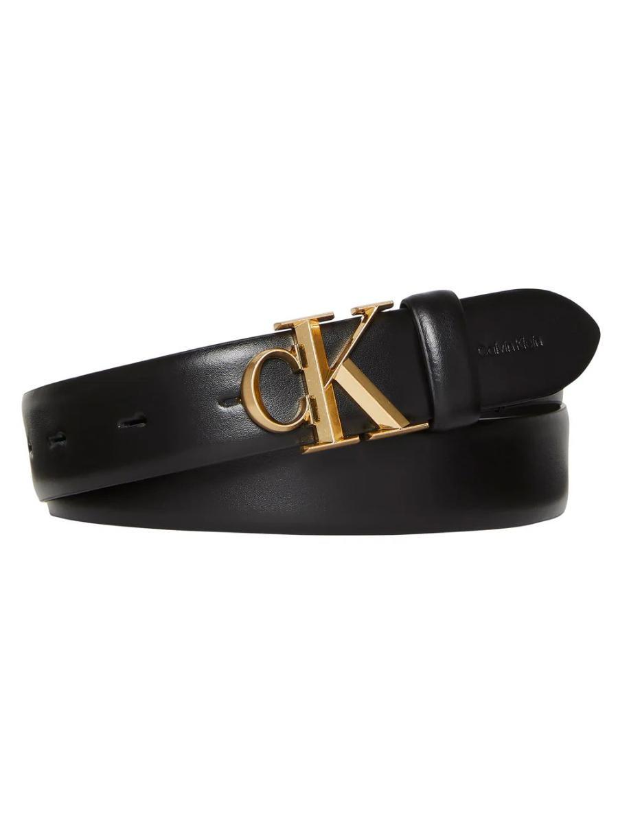 Calvin Klein Donna Cintura Buckle 3,0 cm con Fibbia con Monogramma-Nero / Oro Antico