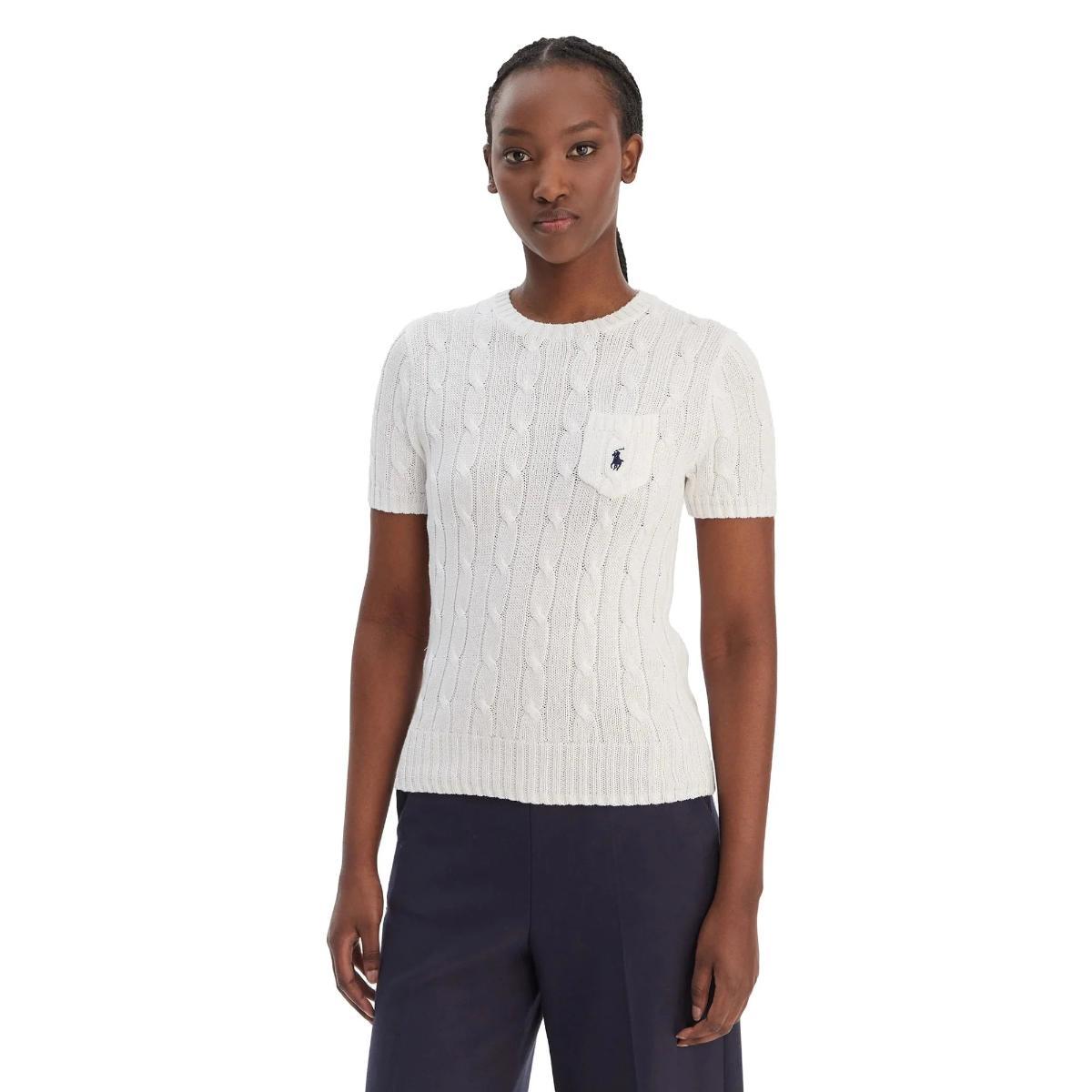 POLO RALPH LAUREN Maglia a Maniche Corte Intrecciata in Bianco