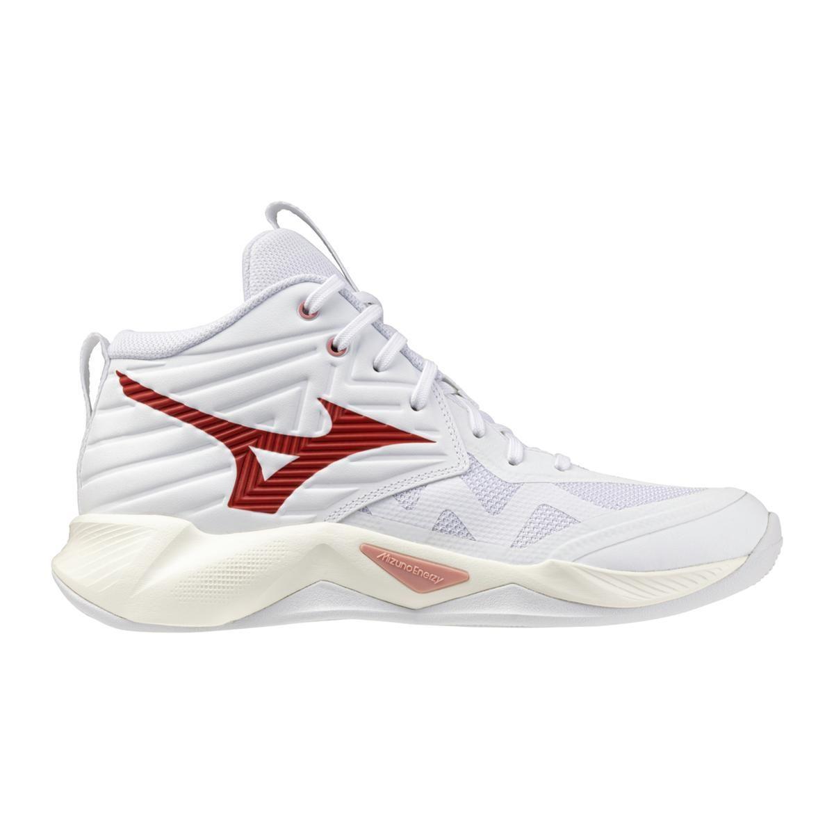 Mizuno Wave Momentum PRO Mid, Scarpe da Pallavolo, Bianco e Rosso, Ammortizzazione Enerzy NXT, Stabilità Wave
