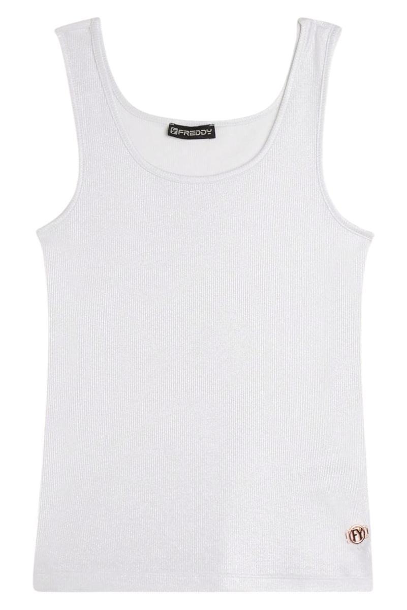 FREDDY Canotta Donna in Jersey Viscosa Coated con Scollo Ampio e Logo Dorato sul Fondo