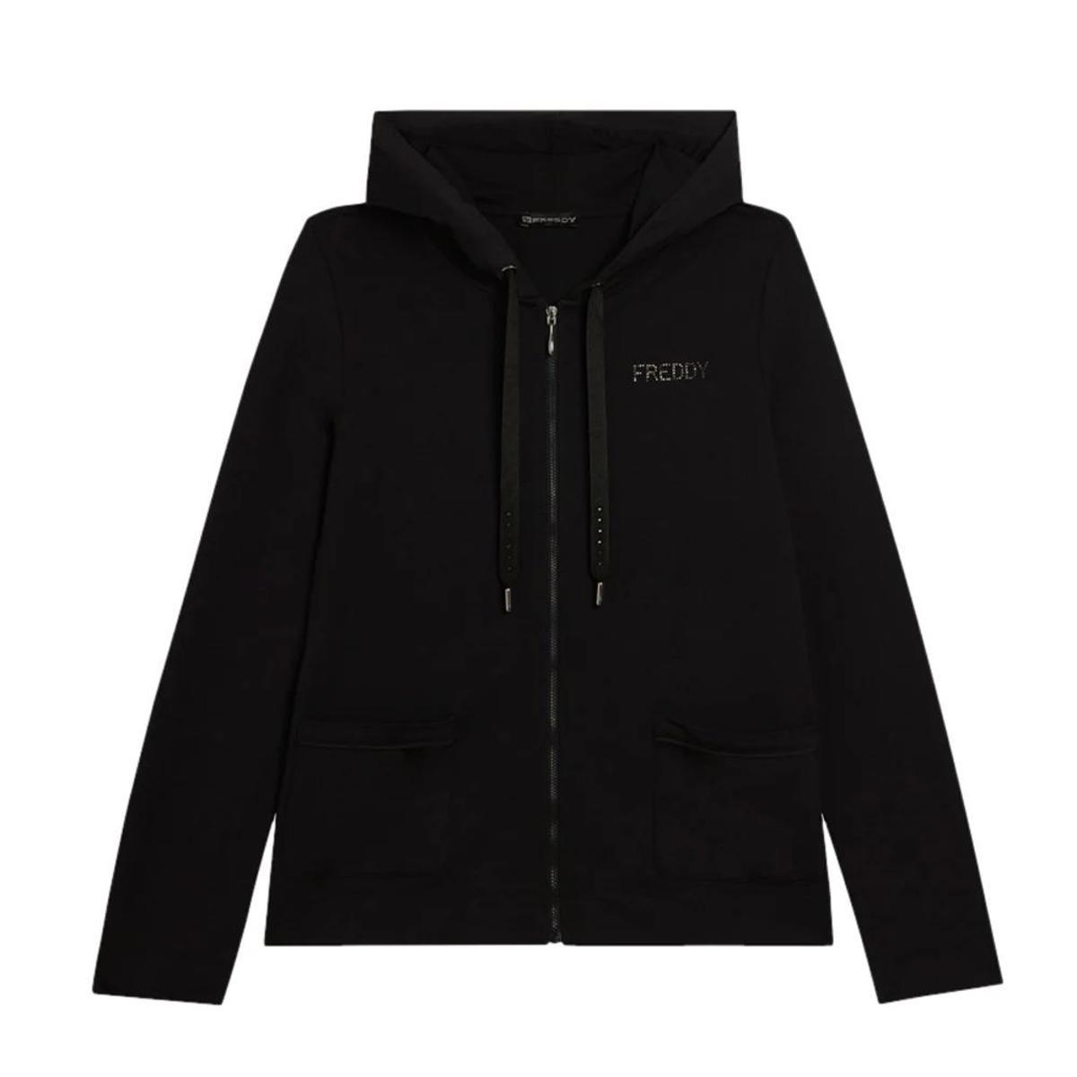 FREDDY - Felpa Cappuccio Zip con Strass E Inserto Effetto Seta, 50% Modal 45% Cotone 5% Elastan