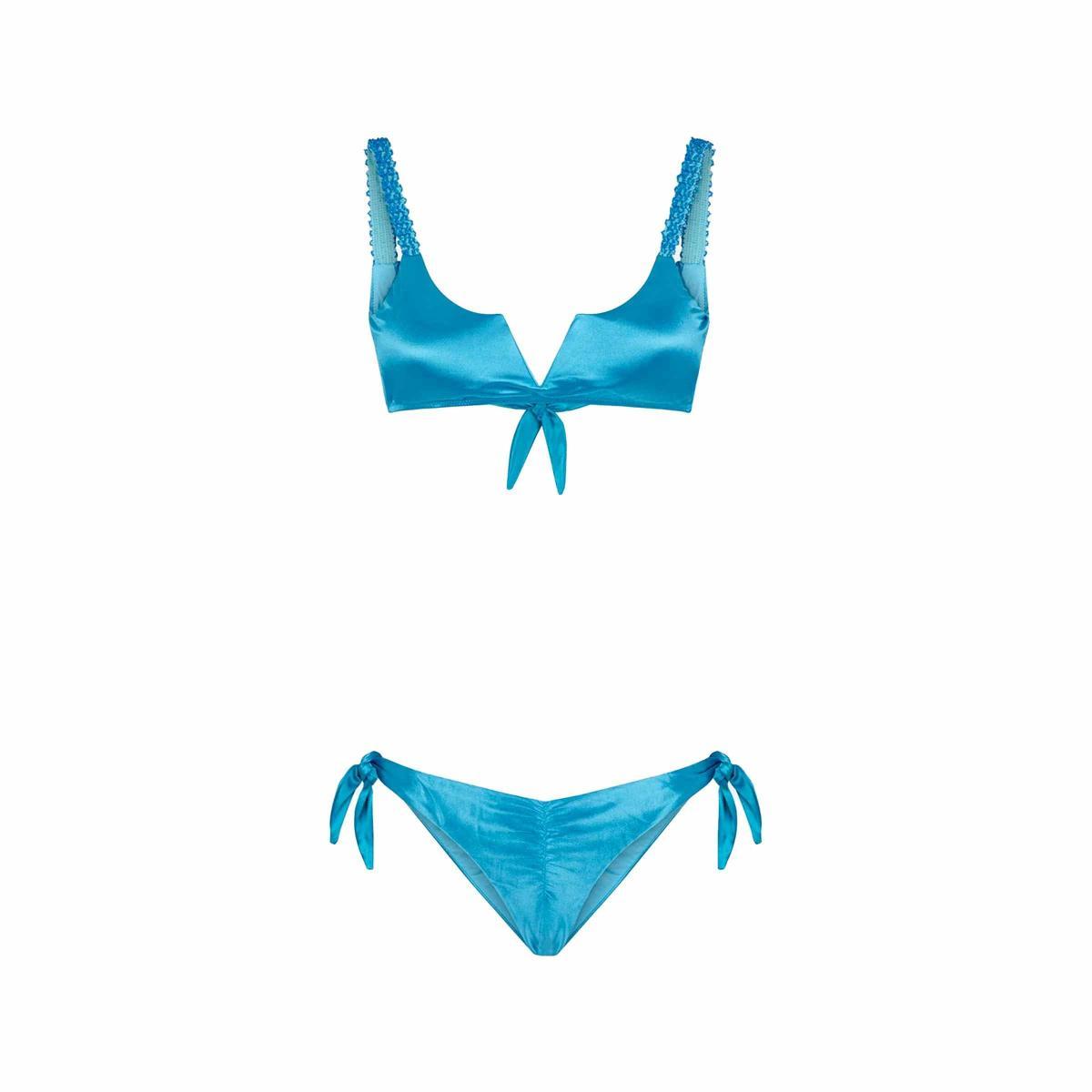 ME FUI Bikini Donna 0012 Turchese Top Ferretto Perline Slip Nodi Lycra Lucida PE23