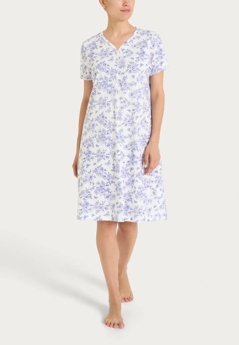 RAGNO Camicia da Notte Donna 100% Cotone Bianca con Fantasia Floreale Blu Art DTO4NK