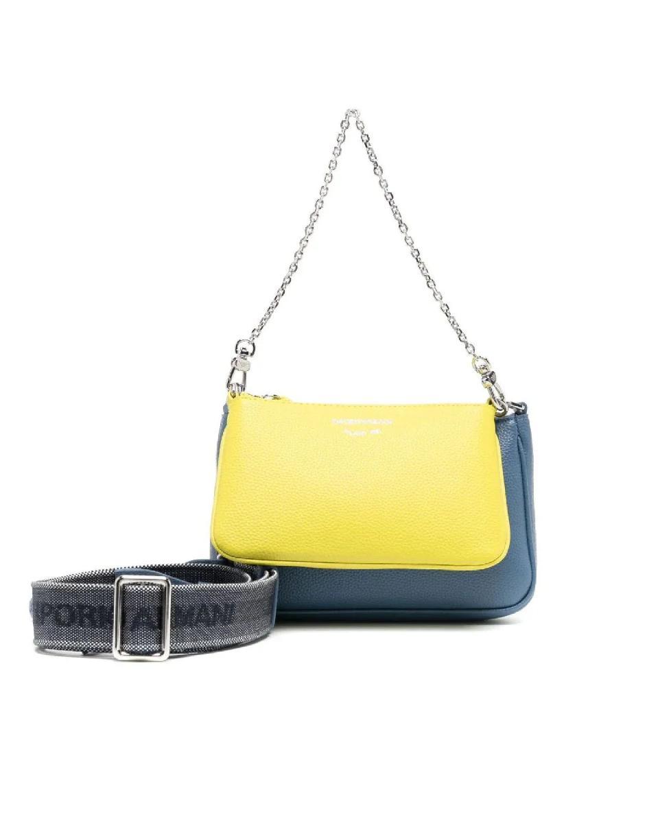 Emporio Armani Mini Borsa Doppia Blu Denim E Verde Lime Stampa Cervo Con Tracolla Regolabile, Estraibile In Nastro Con Logo Lettering All Over